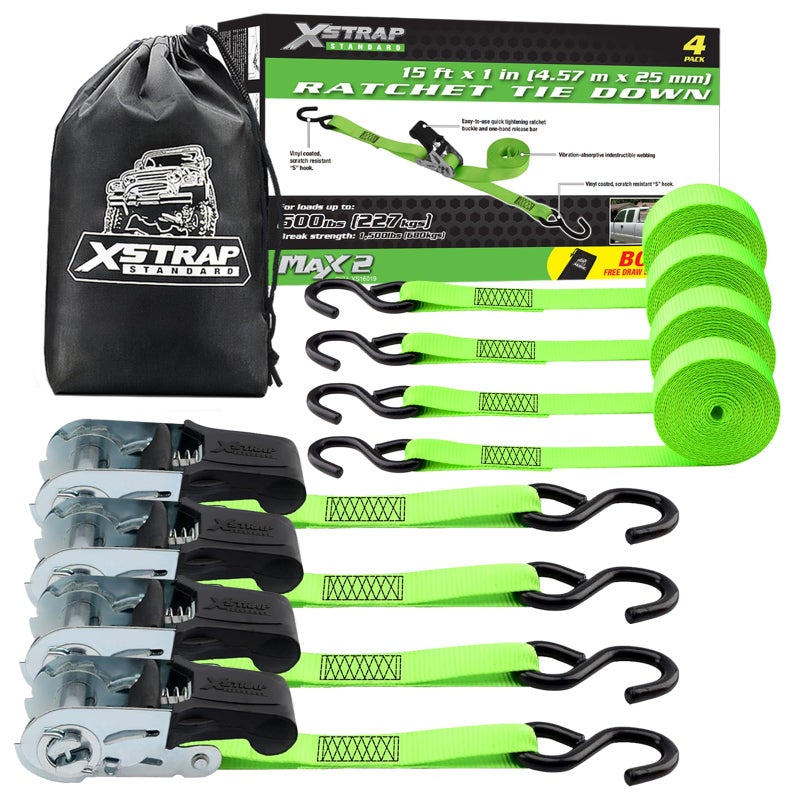 XSTRAP STANDARD Ratchet Tie Down Straps 4 Pk 15Ft- 500 Lbs Load Cap- 1500 Lb Break Strength-Cargo Straps for Moving Appliances, Lawn Equipment, Motorcycle - Image 1